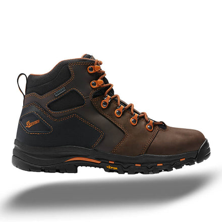 Danner Work Boot: Dark brown with orange accents.