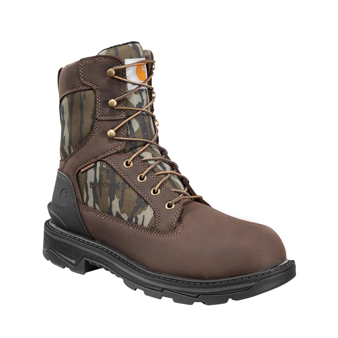 Carhartt 8" Ironwood Waterproof Soft Toe Boot Dark Brown/Mossy Oak FT8002-M angle view