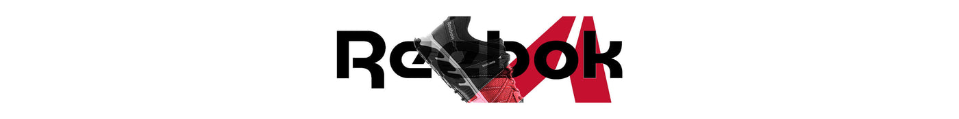 Reebok logo with abstract design of red and black athletic shoes