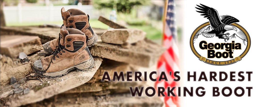 Georgia Steel-Toe Boots & Shoes on a rugged worksite, representing durability, strength, and American pride