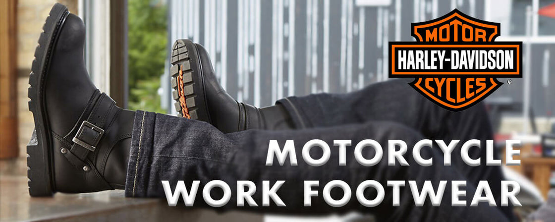 Harley-Davidson Footwear: Motorcycle Work Boots worn with jeans, featuring a rugged design and buckle detail.