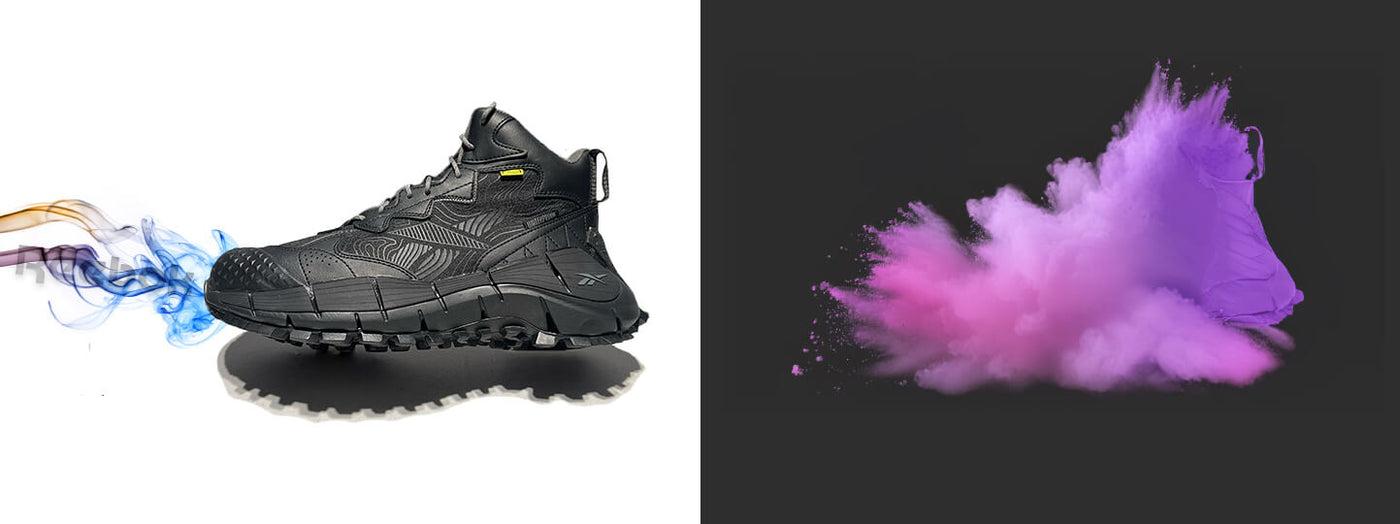 Black Reebok Work boot with rugged sole and vibrant purple-pink powder explosion background.