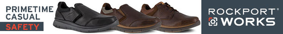 Rockport Works Primetime Casual Safety Shoes - Durable black and brown slip-on and lace-up safety footwear